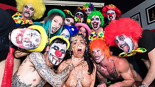 CROWD BONDAGE - Kinky clown orgy party for slave girl